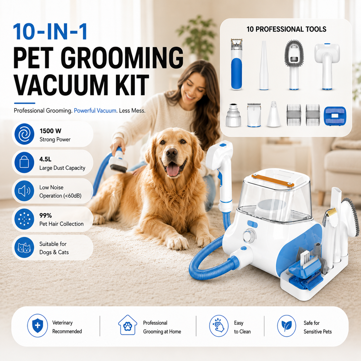 10-in-1 Pet Grooming Vacuum Kit for Dogs & Cats